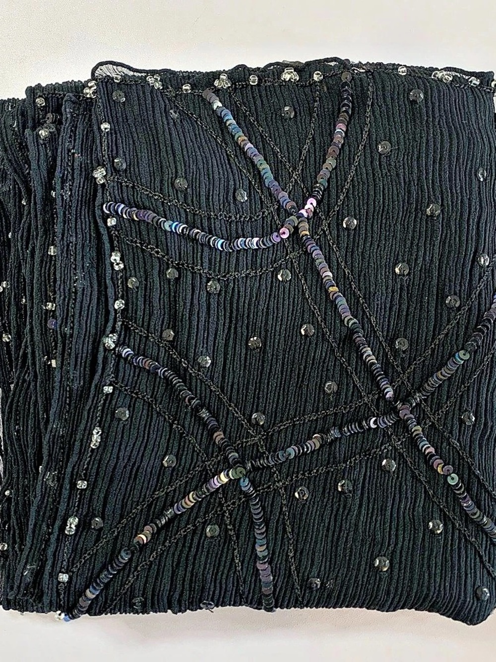 Sheer Black Sequin Scarf Beaded Embroidered Crinkle Chiffon Whimsigoth 15x62"